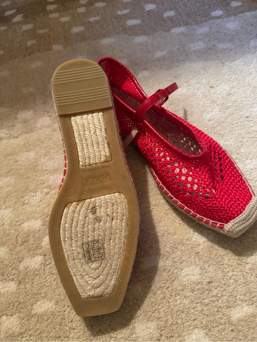 J. Crew Red Crochet Mary Jane Espadrille Flats with Cream Toe